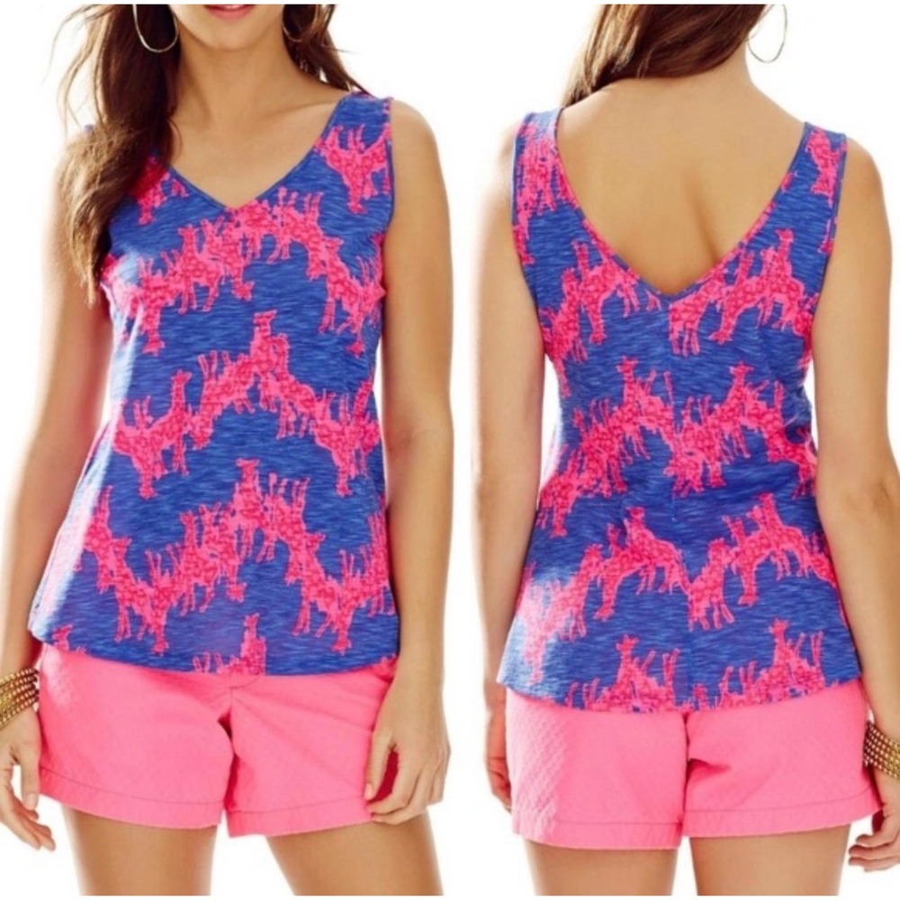 Lilly Pulitzer Etta V-Neck Tank Top Blue Pink Giraffe Animal Print Cotton Small
